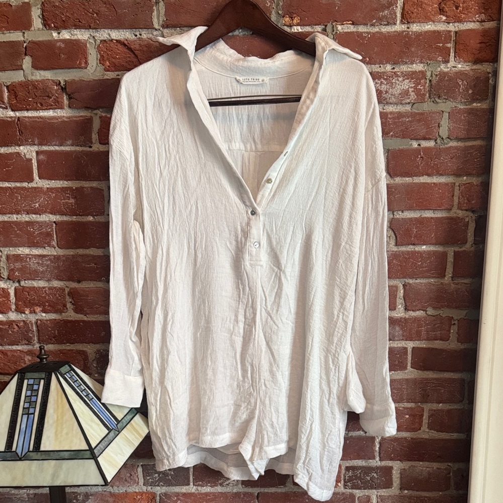 12th Tribe White Long-Sleeve Henley Tunic
